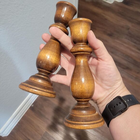 Vtg pair of hand turned candlestick holders 7" tall - Picture 10 of 10